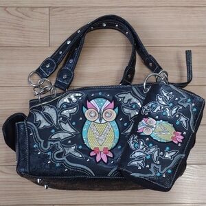 Cowgirl Trendy Black Studded Purse and Wallet Set with Owl Design